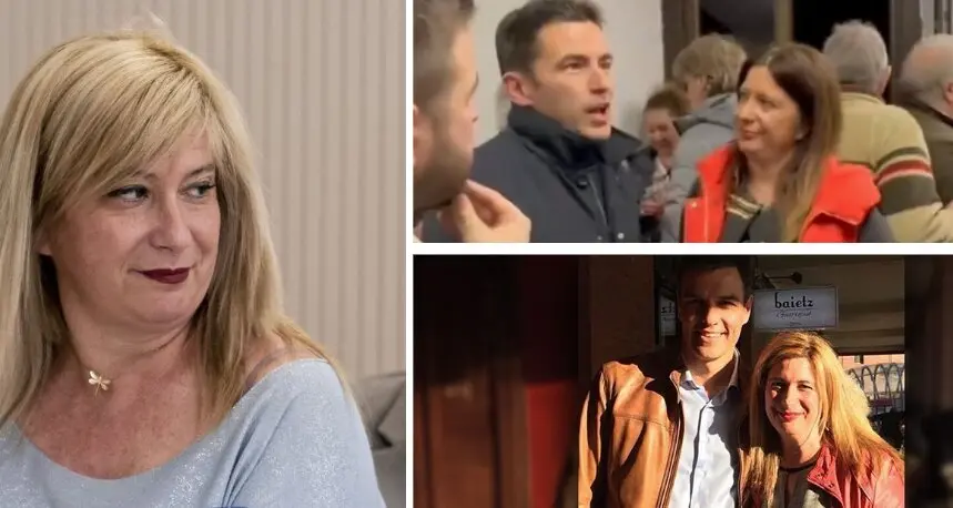 Leire D&iacute;ez, en distintos momentos junto a destacados dirigentes del PSOE: a la izquierda, en una imagen reciente difundida en redes; arriba a la derecha, conversando con Pedro Casares en un acto p&uacute;blico en Cantabria; y abajo, posando con el presidente del Gobierno, Pedro S&aacute;nchez.