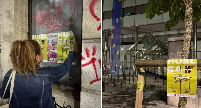 Carteles de la huelga docente del 28 y 29 de mayo colocados en espacios p&uacute;blicos durante la noche en Santander. La convocatoria ha sido promovida por sindicatos educativos.