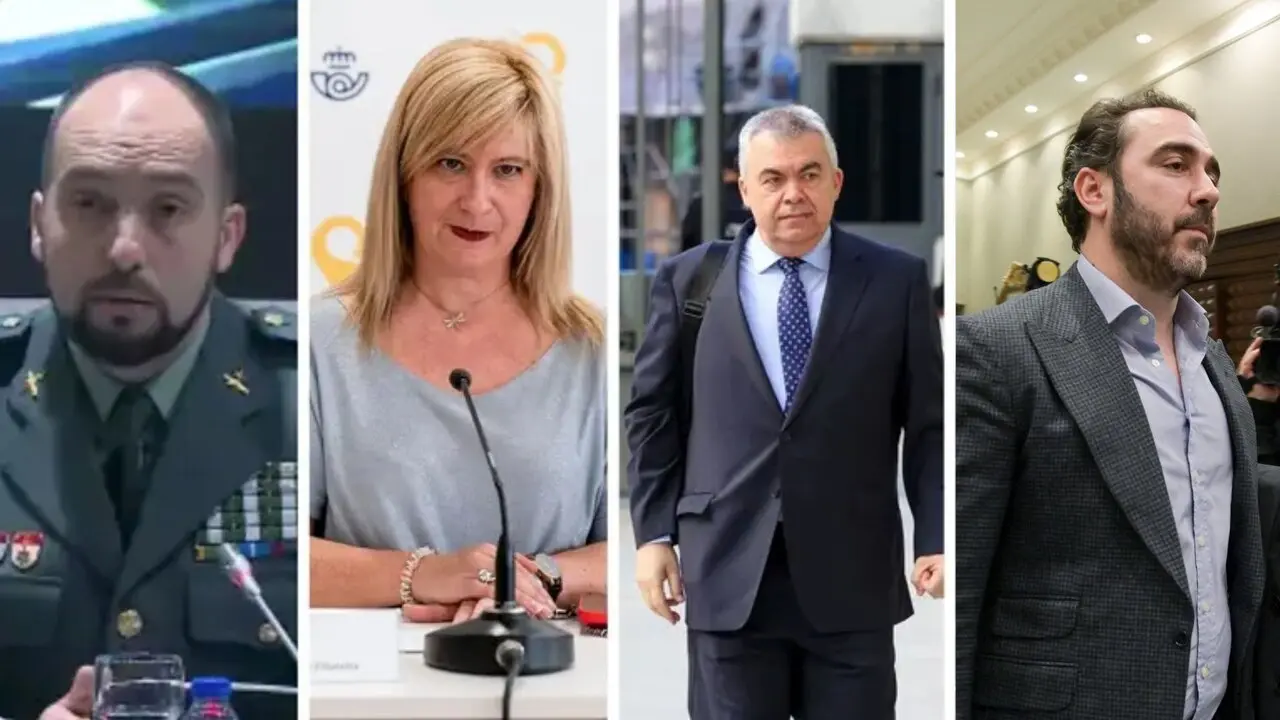 Algunos de los implicados en la trama de izquierda a derecha: Antonio Balas, teniente coronel jefe de la UCO, Leire D&iacute;ez, la 'fontanera' del PSOE, Santos Cerd&aacute;n, mano derecha de S&aacute;nchez y el empresario Vicstor de Aldama. / EP