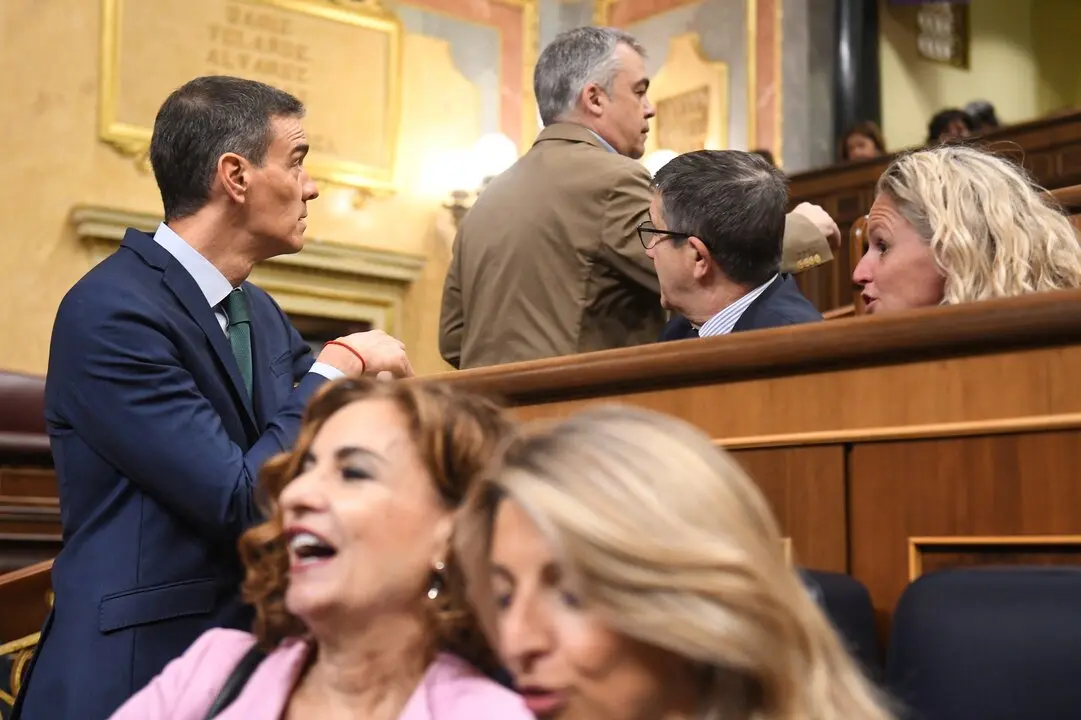 (I-D) El presidente del Gobierno, Pedro S&aacute;nchez, el secretario de organizaci&oacute;n del PSOE, Santos Cerd&aacute;n, y el portavoz del PSOE en el Congreso, Patxi L&oacute;pez, durante una sesi&oacute;n de control al Gobierno. / Fernando S&aacute;nchez