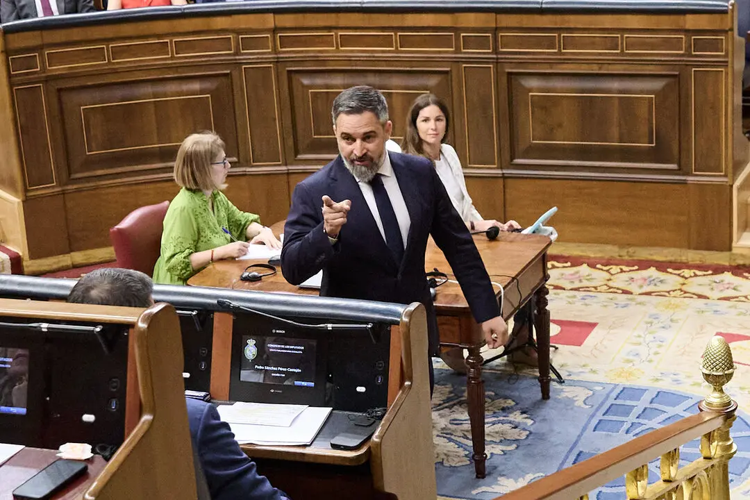 El presidente de VOX, Santiago Abascal, interviene durante una sesi&oacute;n de control al Gobierno. / Jes&uacute;s Hell&iacute;n