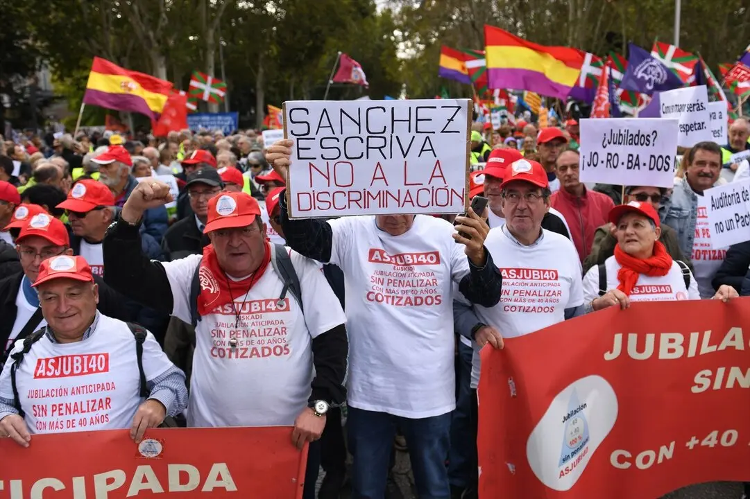 Decenas de personas portan carteles y banderas durante una concentraci&oacute;n de pensionistas. / Fernando S&aacute;nchez