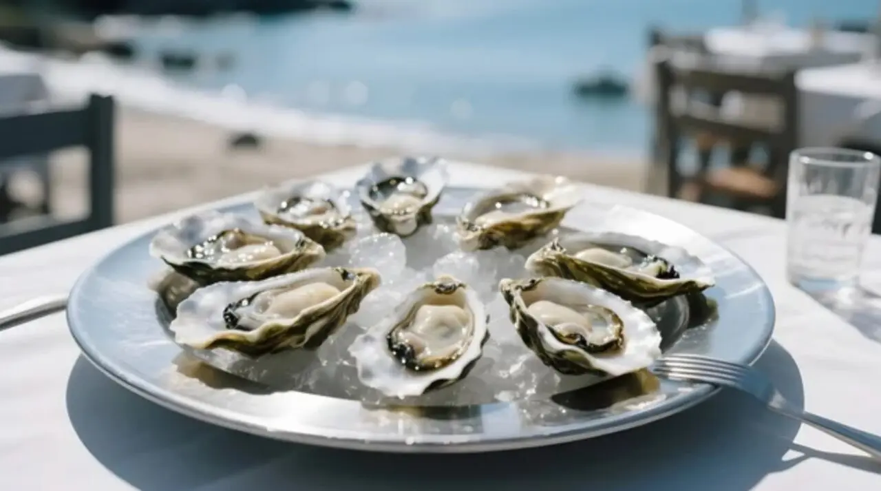 Ostras frescas sobre hielo, servidas frente al mar Cant&aacute;brico: un lujo sencillo que resume el sabor del verano en la costa c&aacute;ntabra.