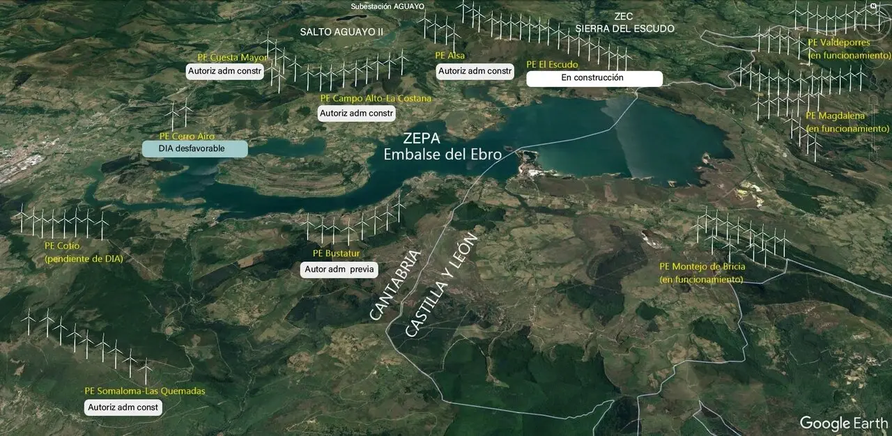 Infograf&iacute;a de la Sierra del Escudo y el Embalse del Ebro rodeadas de proyectos e&oacute;licos. / Alerta
