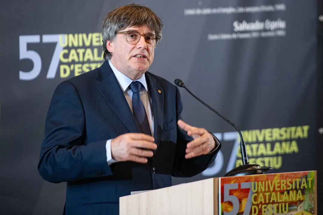 El presidente de Junts, Carles Puigdemont, interviene durante una conferencia. / Gl&ograve;ria S&aacute;nchez