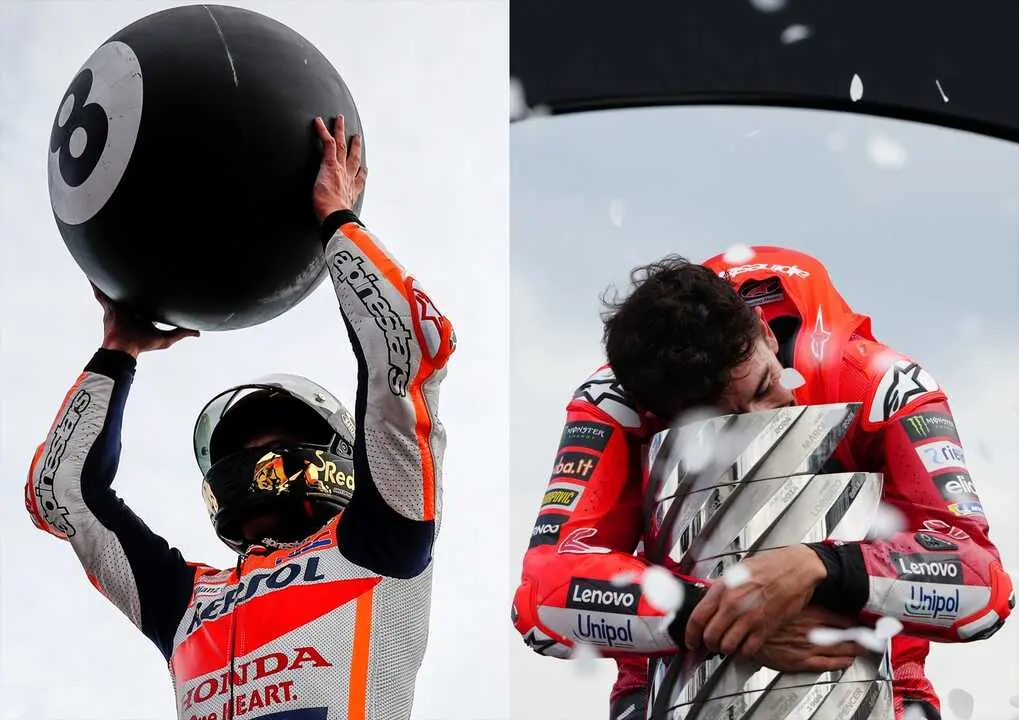 Marc M&aacute;rquez celebrando sus t&iacute;tulos en 2019 y 2025. / EP