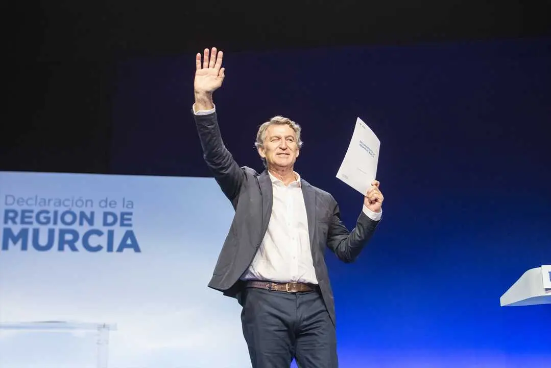El presidente del Partido Popular, Alberto N&uacute;&ntilde;ez Feij&oacute;o, durante la clausura del acto de presentaci&oacute;n de la &lsquo;Declaraci&oacute;n de la Regi&oacute;n de Murcia&rsquo;. / Victor Fern&aacute;ndez