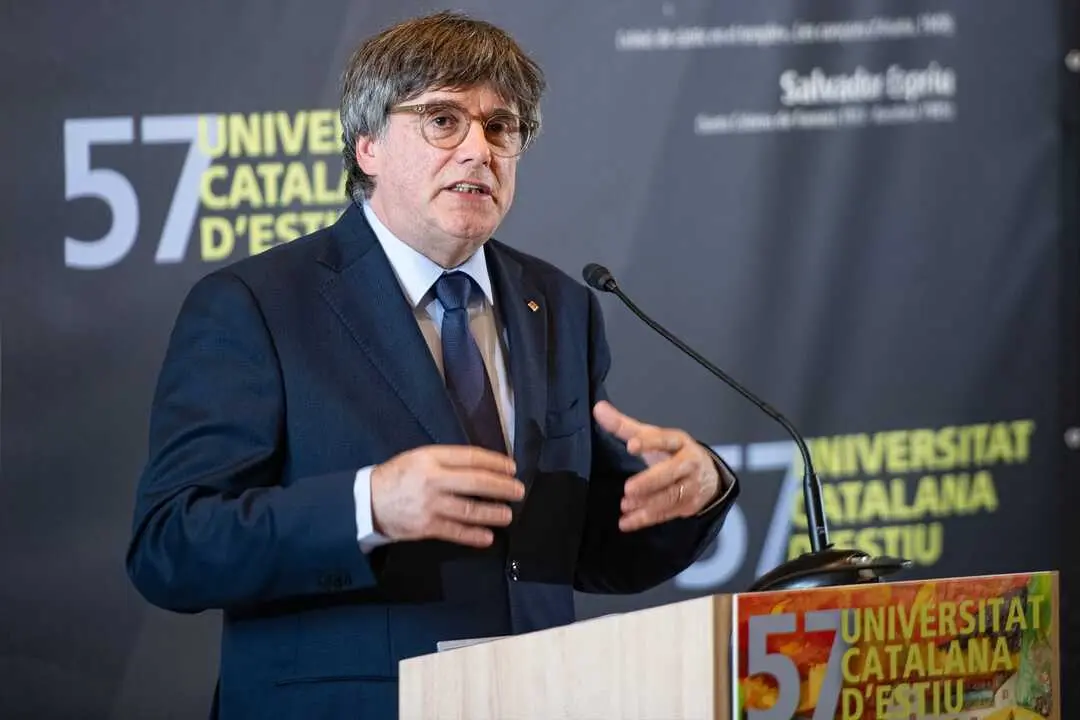 El presidente de Junts, Carles Puigdemont, interviene durante una conferencia. / Gl&ograve;ria S&aacute;nchez
