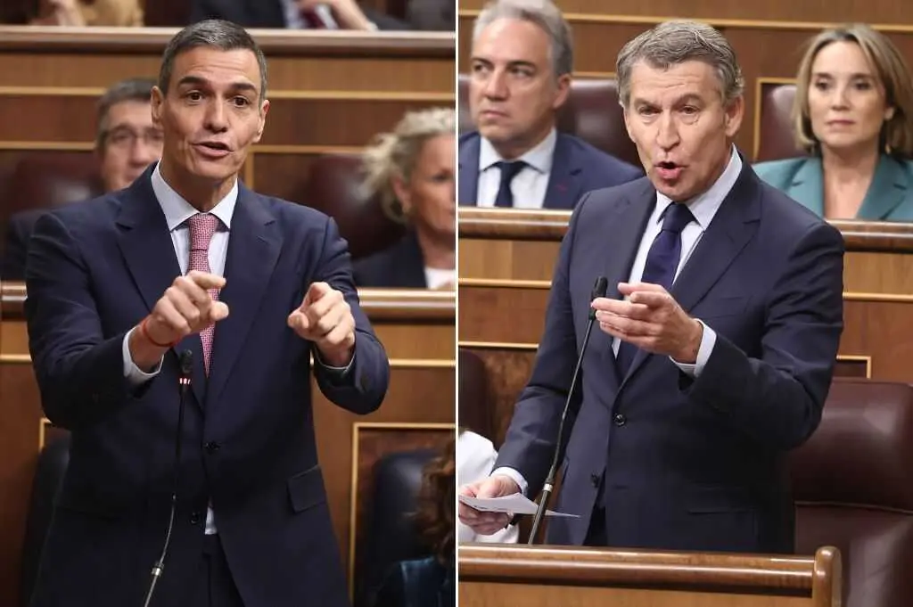 El presidente del Gobierno, Pedro S&aacute;nchez, y el l&iacute;der del PP, Alberto N&uacute;&ntilde;ez Feij&oacute;o, en el Congreso. / EP