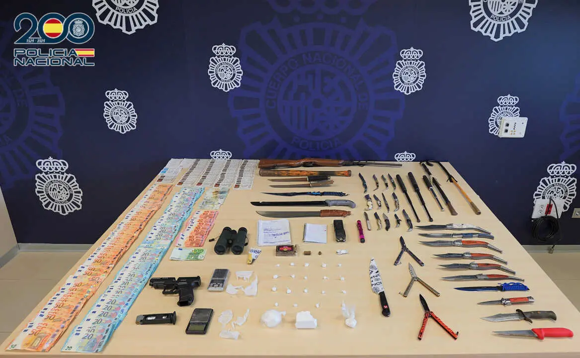 Ten&iacute;an m&aacute;s de 200 gramos de estupefacientes, armas blancas, aire comprimido y una suma en met&aacute;lico que supera los 5.900 euros. / P.N