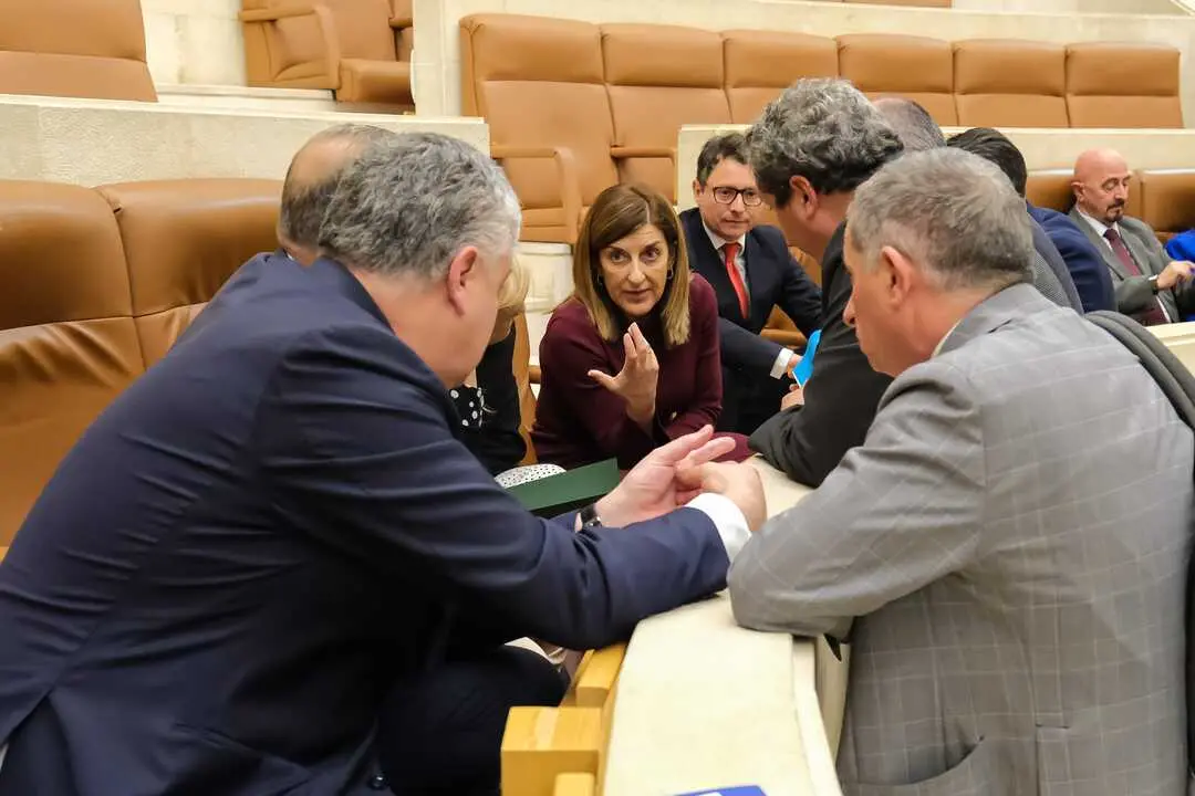 La presidenta, Mar&iacute;a Jos&eacute; S&aacute;enz de Buruaga, junto a los consejeros y diputados del PP en el Parlamento. / EP