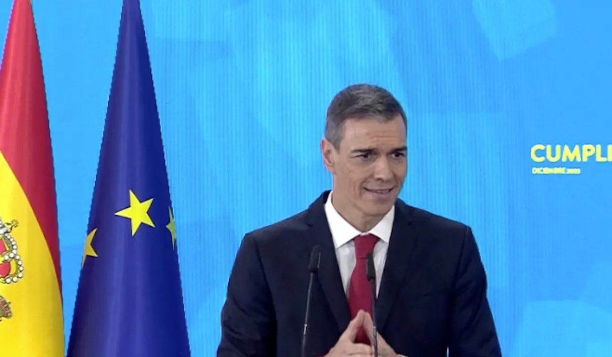 El presidente del Gobierno, Pedro S&aacute;nchez, durante una rueda de prensa, en el Palacio de la Moncloa.