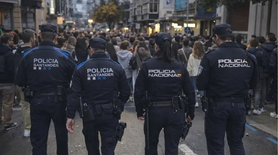 Agentes de la Polic&iacute;a Local y Polic&iacute;a Nacional patrullan juntos durante un acto multitudinario en el centro de Santander, en el marco del refuerzo del dispositivo especial de seguridad y limpieza de Nochevieja.