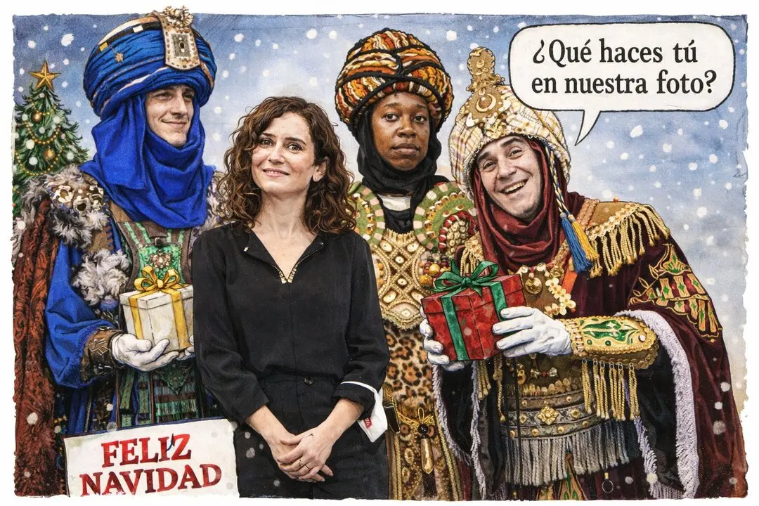 Pie de foto:
La presidenta de Madrid, Isabel D&iacute;az Ayuso, irrumpe en escena junto a los Reyes Magos durante un acto navide&ntilde;o, generando sorpresa y humor entre los presentes. / caricatura Ia