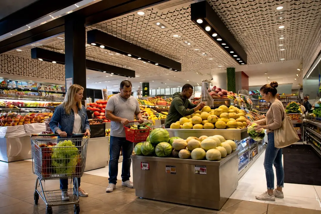 Clientes compran frutas y verduras frescas en un supermercado. / A.E