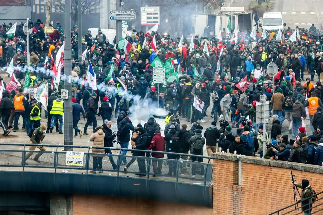 Agricultores de varios pa&iacute;ses europeos protestan frente al Parlamento Europeo contra el acuerdo comercial entre la UE y el Mercosur. / Philipp von Ditfurth