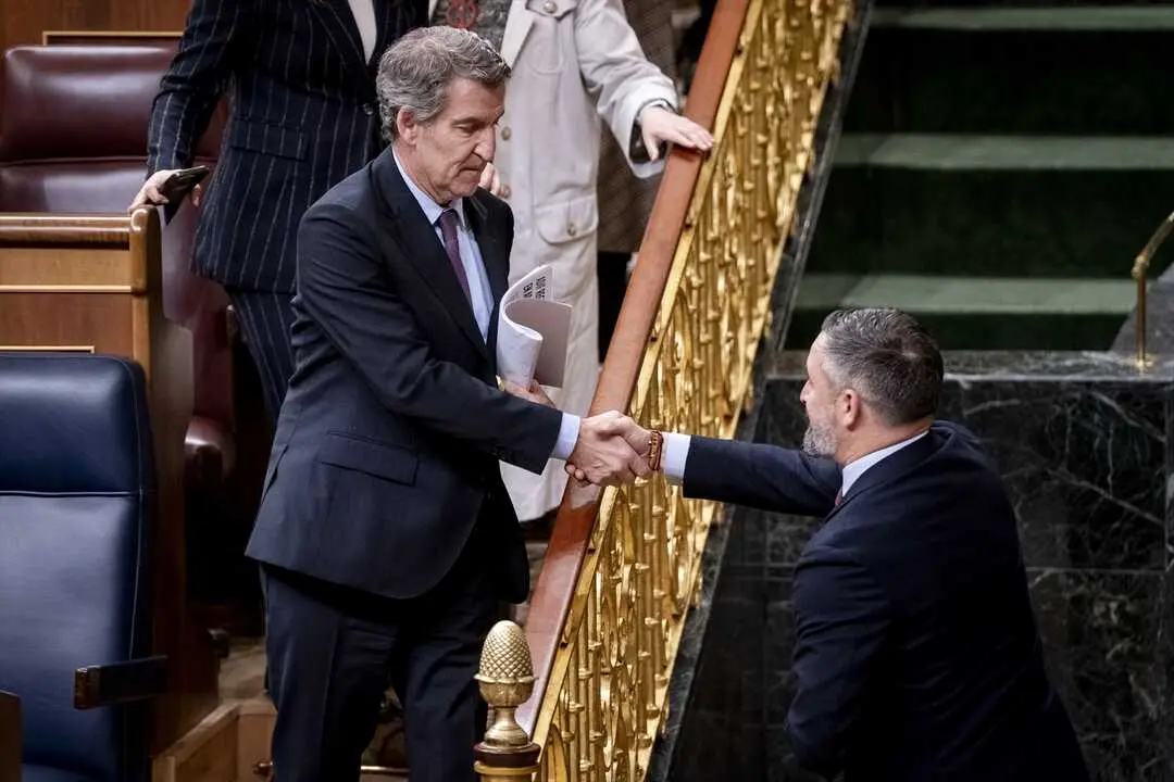 El presidente del Partido Popular, Alberto N&uacute;&ntilde;ez Feij&oacute;o, saluda al presidente de VOX, Santiago Abascal, a su salida de un pleno en el Congreso de los Diputados. / &Aacute;. P&eacute;rez Meca