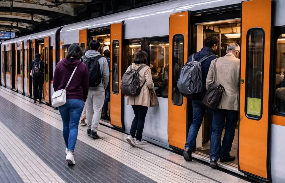 Viajeros se apresuran a subir al tren en el and&eacute;n mientras la estaci&oacute;n cobra vida con el ir y venir cotidiano del metro.