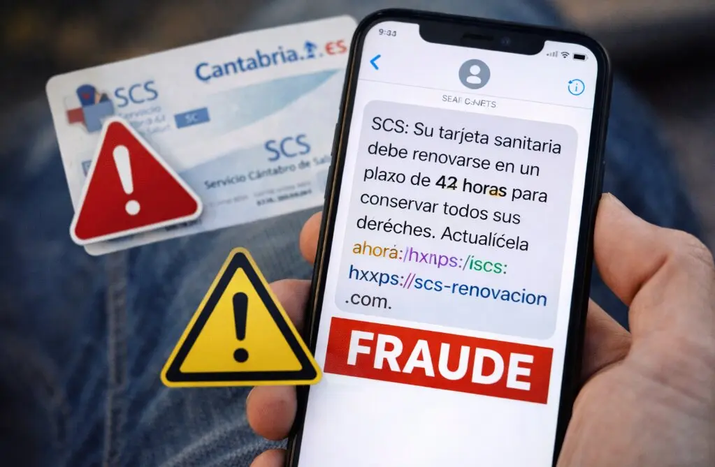 Un mensaje fraudulento que suplanta al Servicio C&aacute;ntabro de Salud alerta falsamente sobre la renovaci&oacute;n urgente de la tarjeta sanitaria e incluye un enlace para robar datos personales.