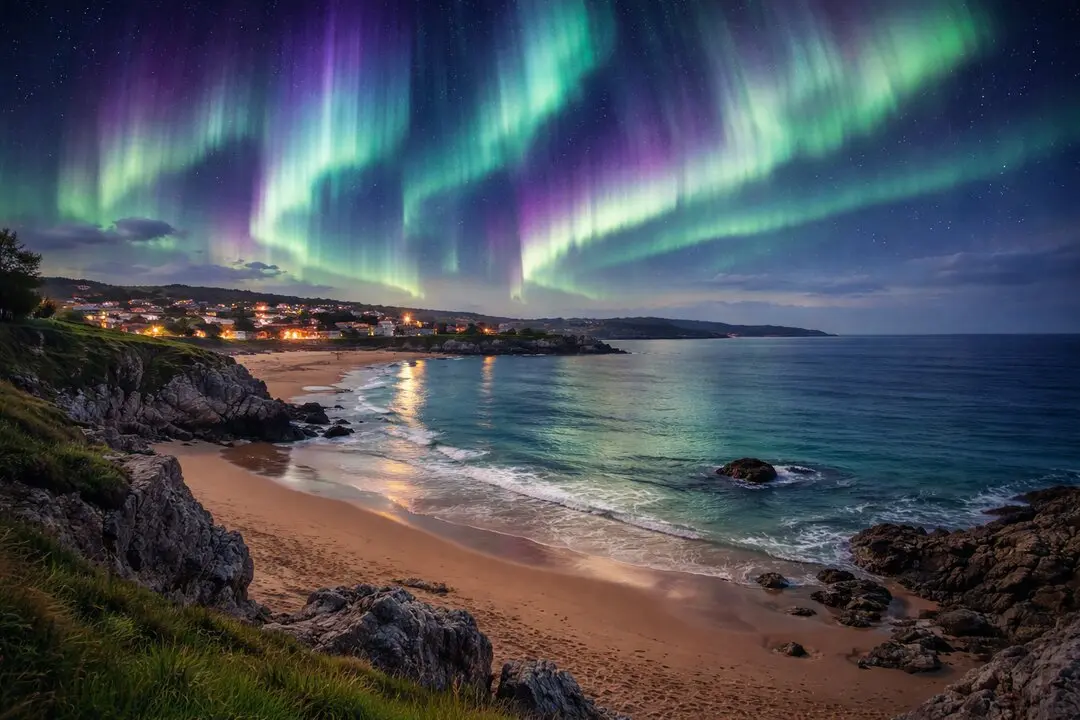 Recreaci&oacute;n de c&oacute;mo podr&iacute;a verse la aurora boreal desde Cantabria. / I.A