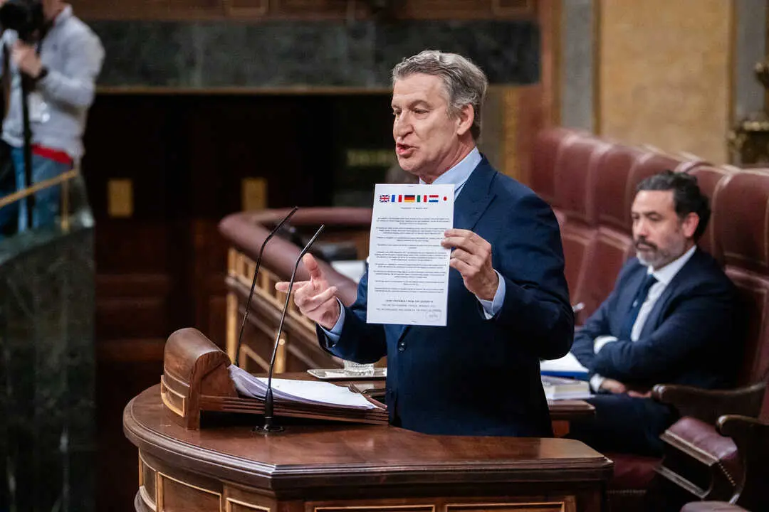 El presidente del Partido Popular, Alberto N&uacute;&ntilde;ez Feij&oacute;o, interviene durante una sesi&oacute;n de control al Gobierno, en el Congreso. / EP
