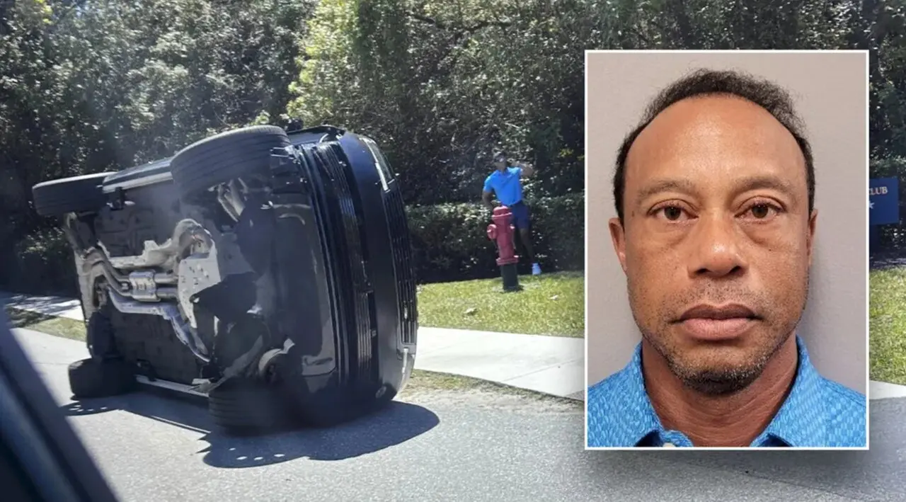 El veh&iacute;culo de Tiger Woods tras el accidente en Florida y la imagen difundida tras su detenci&oacute;n por un incidente relacionado con la conducci&oacute;n bajo los efectos de sustancias.