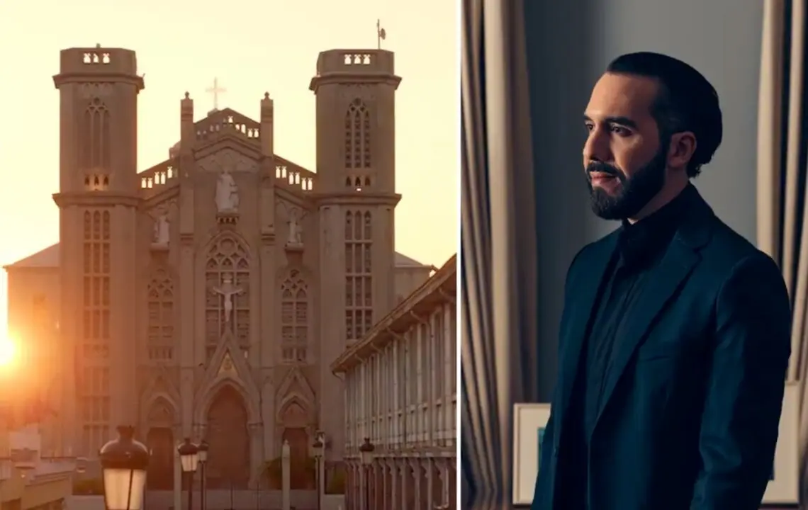 El presidente de El Salvador, Nayib Bukele, junto a la Catedral Metropolitana de San Salvador, s&iacute;mbolo de un pa&iacute;s que busca dejar atr&aacute;s la violencia y proyectar una nueva imagen de estabilidad.
