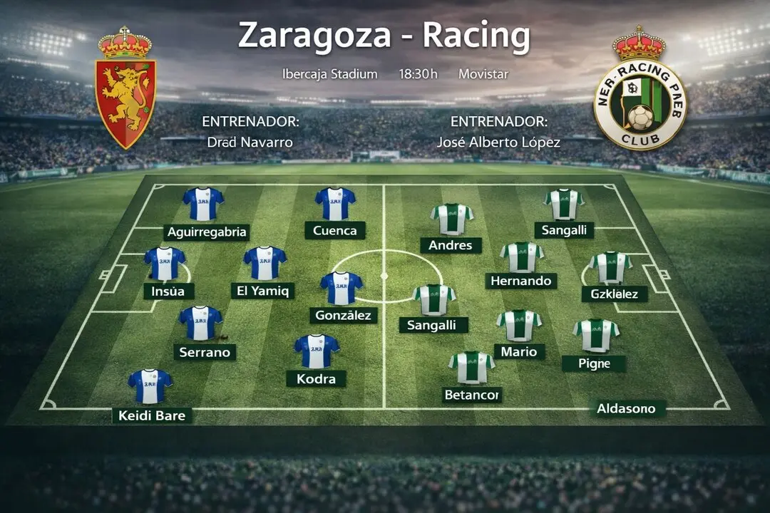 La infograf&iacute;a presenta de forma clara y visual las alineaciones de Zaragoza y Racing, con un dise&ntilde;o moderno tipo retransmisi&oacute;n que sit&uacute;a a ambos equipos sobre el terreno de juego y facilita la lectura t&aacute;ctica previa al encuentro.