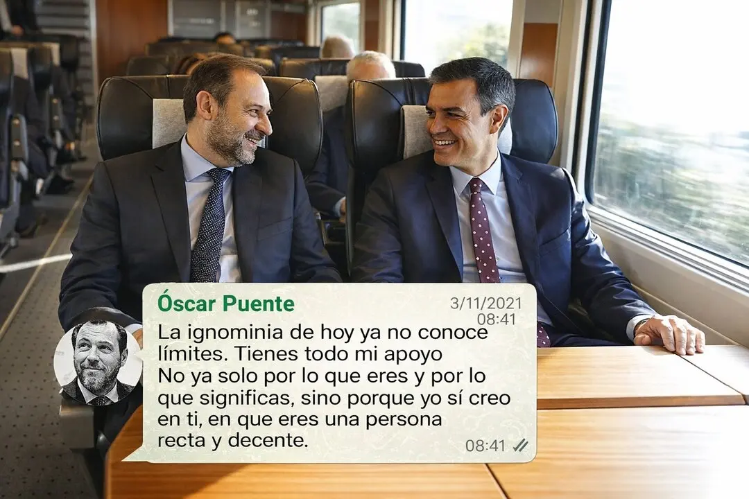 Pedro S&aacute;nchez y &Oacute;scar Puente conversan en un tren en una imagen que acompa&ntilde;a los mensajes de apoyo al exministro Jos&eacute; Luis &Aacute;balos, hoy en el centro de la pol&eacute;mica pol&iacute;tica y judicial.