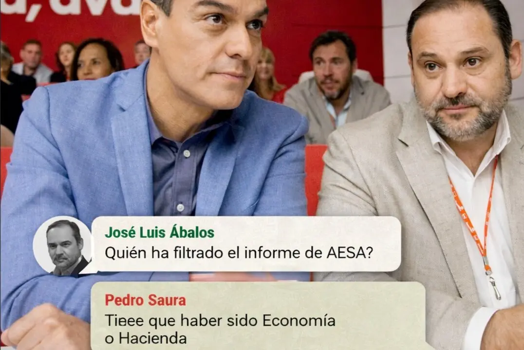Pedro S&aacute;nchez y Jos&eacute; Luis &Aacute;balos, en una imagen de archivo, junto a un mensaje que refleja las tensiones internas tras la filtraci&oacute;n de un informe de AESA.