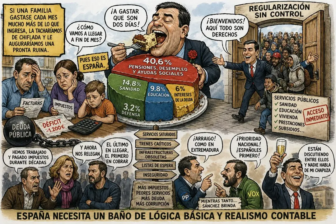 Caricatura sobre el gasto p&uacute;blico, la deuda y la inmigraci&oacute;n en Espa&ntilde;a, con cr&iacute;ticas a la gesti&oacute;n econ&oacute;mica y social del Gobierno y al impacto en los servicios p&uacute;blicos.