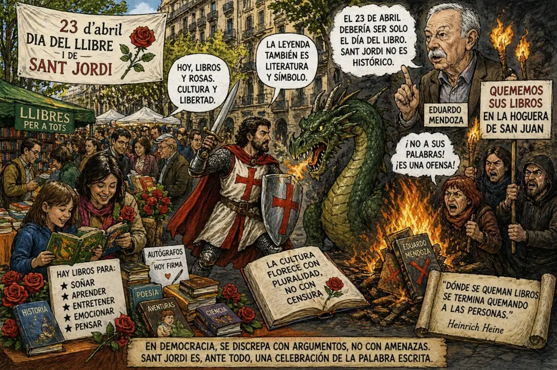 Ambiente festivo del D&iacute;a del Libro y Sant Jordi en Barcelona, entre puestos de libros y rosas, frente a la pol&eacute;mica por las cr&iacute;ticas a la tradici&oacute;n y el rechazo a la censura cultural.