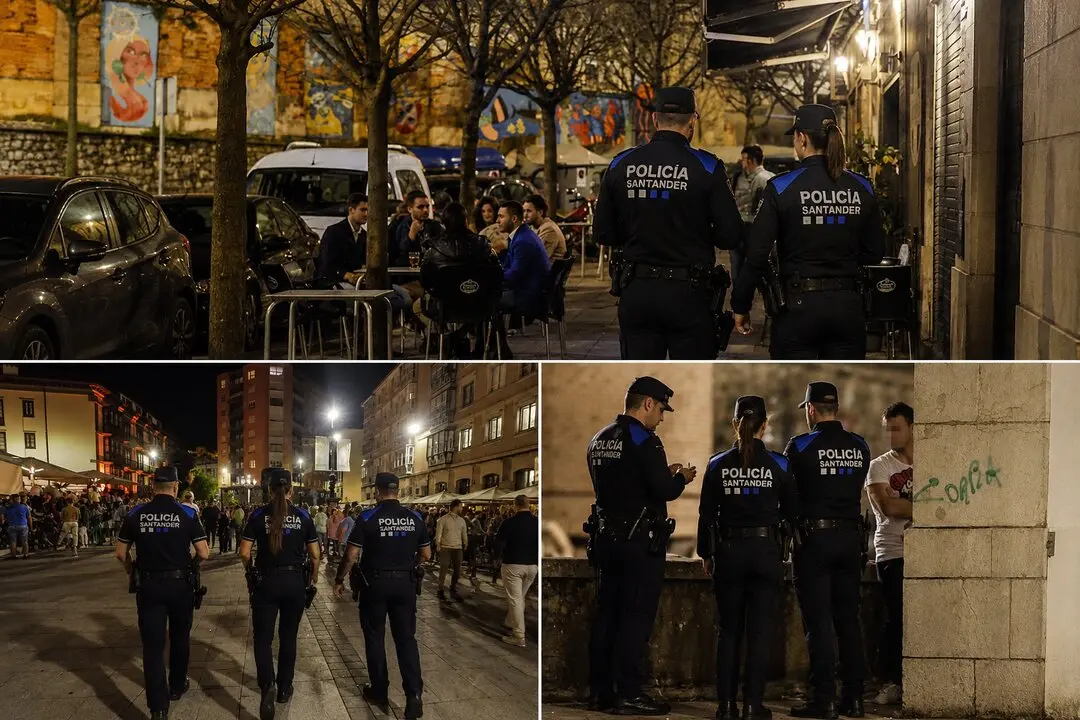 Agentes de la Polic&iacute;a Local de Santander durante varios de los dispositivos de seguridad y control desplegados este fin de semana en zonas de ocio nocturno de la ciudad.