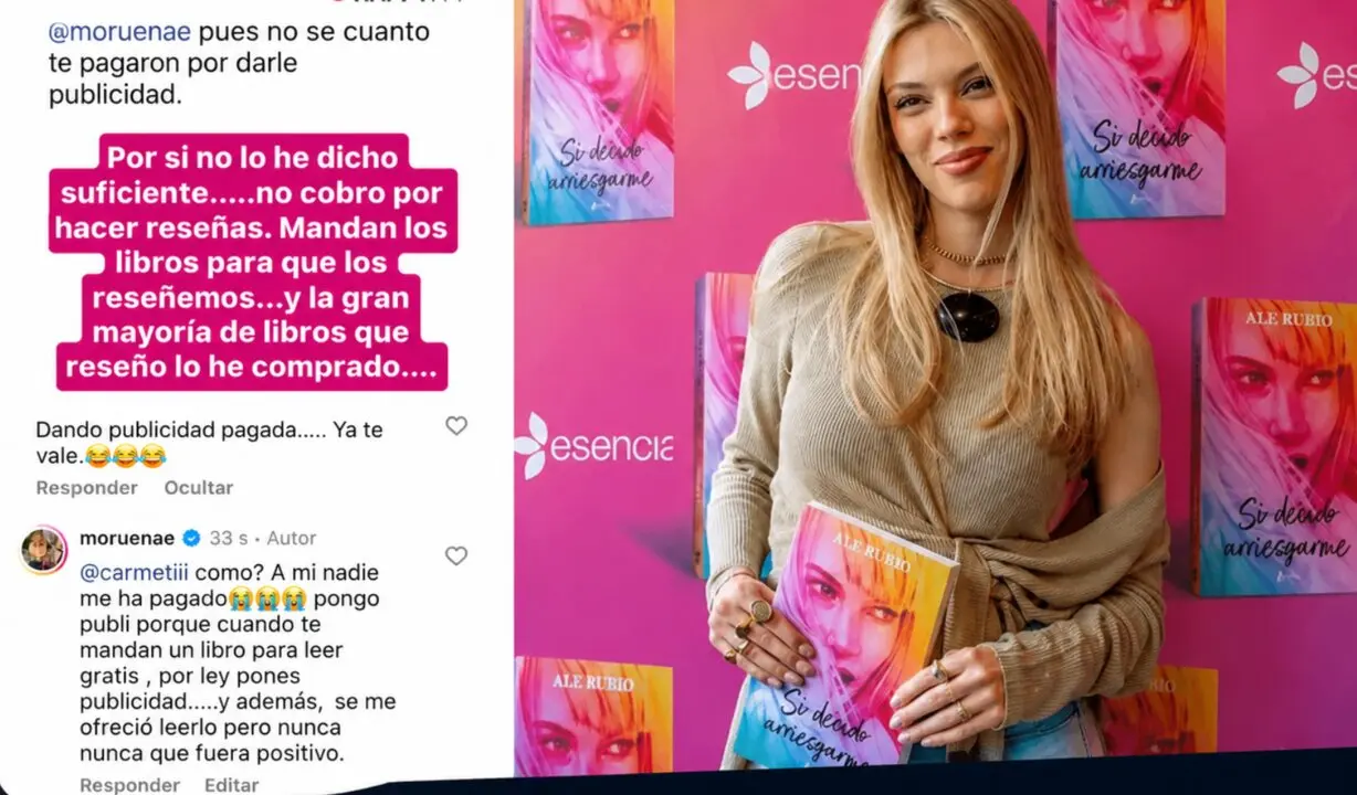 Alejandra Rubio, durante la presentaci&oacute;n de su novela Si decido arriesgarme, junto a varias capturas de las rese&ntilde;as y comentarios publicados en redes sociales sobre el libro. / Redes sociales - Europa Press.