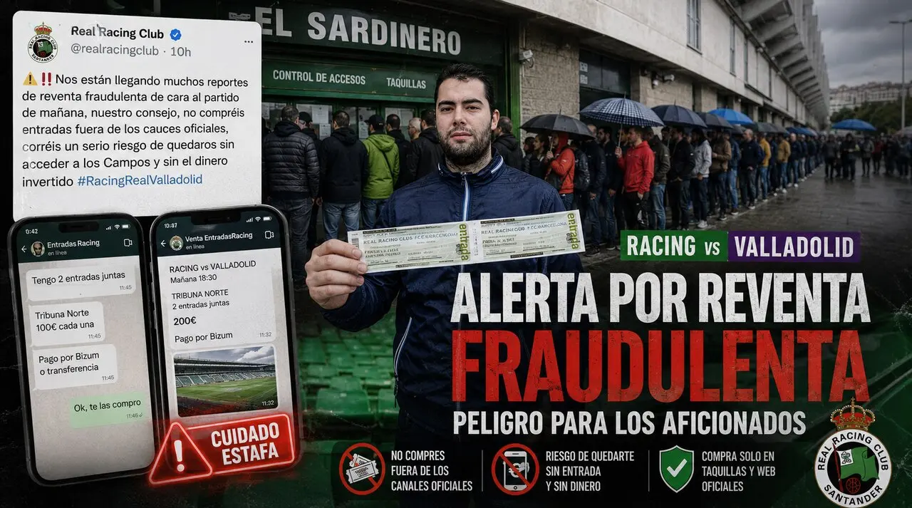 Fotomontaje period&iacute;stico realizado como composici&oacute;n visual para alertar sobre el problema de la reventa fraudulenta de entradas de cara al Racing vs Valladolid. El club verdiblanco recomienda adquirir localidades &uacute;nicamente a trav&eacute;s de canales oficiales para evitar posibles estafas.