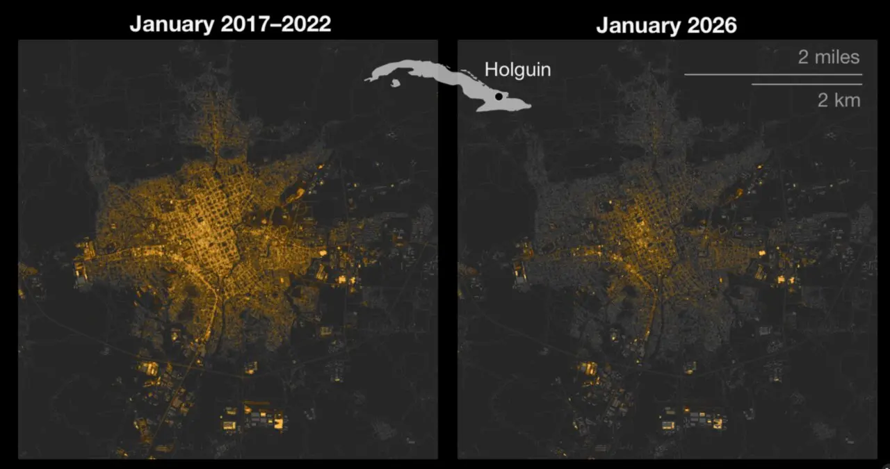 La red el&eacute;ctrica de Cuba no puede iluminar toda la isla. Comparaci&oacute;n de la intensidad de la luz nocturna en las principales ciudades.