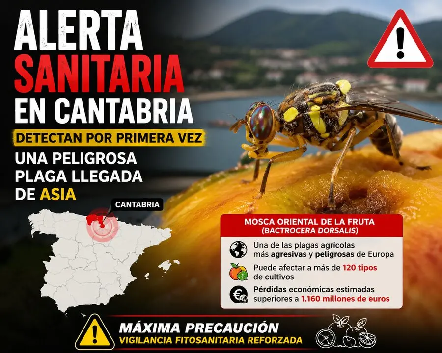 Imagen de un ejemplar de mosca oriental de la fruta (Bactrocera dorsalis), considerada una de las plagas agr&iacute;colas m&aacute;s peligrosas del mundo, detectada por primera vez en Espa&ntilde;a tras la captura de varios ejemplares en trampas instaladas en Astillero (Cantabria). La UE la considera una amenaza prioritaria por su impacto potencial sobre m&aacute;s de 120 cultivos.