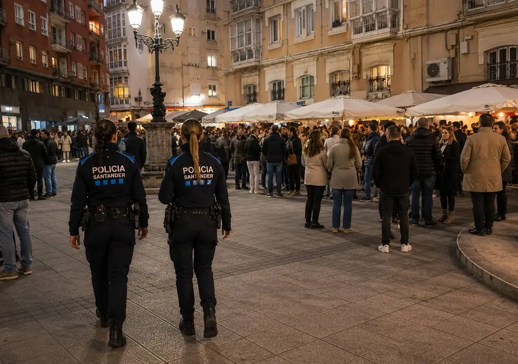 Varios agentes de la Polic&iacute;a Local, en la plaza de Ca&ntilde;ad&iacute;o, en Santander. iA