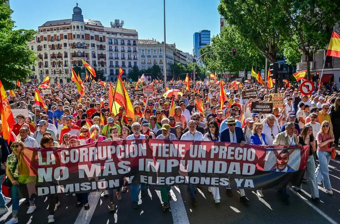 Manifestantes participan en una concentraci&oacute;n en Madrid con banderas espa&ntilde;olas y consignas contra Pedro S&aacute;nchez.