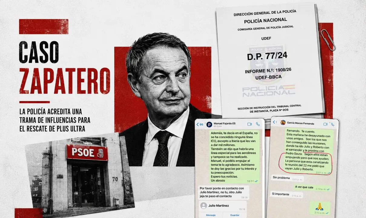 El informe 1908/26 de la UDEF sit&uacute;a a Zapatero en el centro de una presunta red de influencias vinculada al rescate de Plus Ultra, seg&uacute;n las diligencias incorporadas a la Audiencia Nacional.