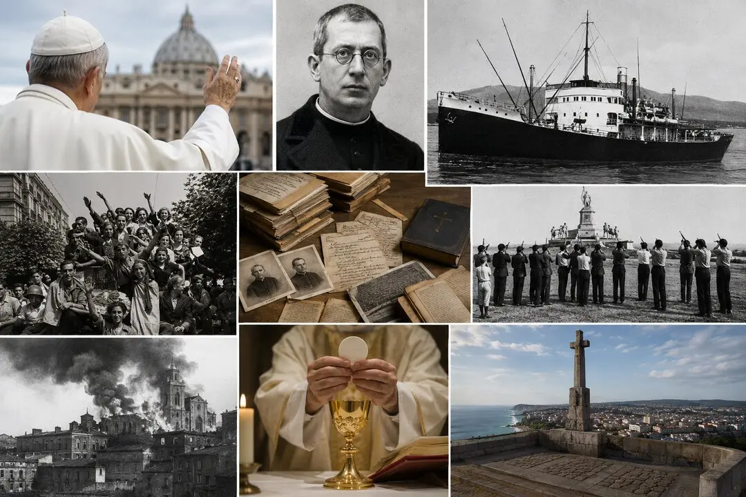 Composici&oacute;n con im&aacute;genes hist&oacute;ricas de la persecuci&oacute;n religiosa en Santander durante la Guerra Civil espa&ntilde;ola, incluyendo el barco prisi&oacute;n Alfonso P&eacute;rez, el sacerdote Francisco Gonz&aacute;lez de C&oacute;rdova y el monumento a los ca&iacute;dos en la capital c&aacute;ntabra.