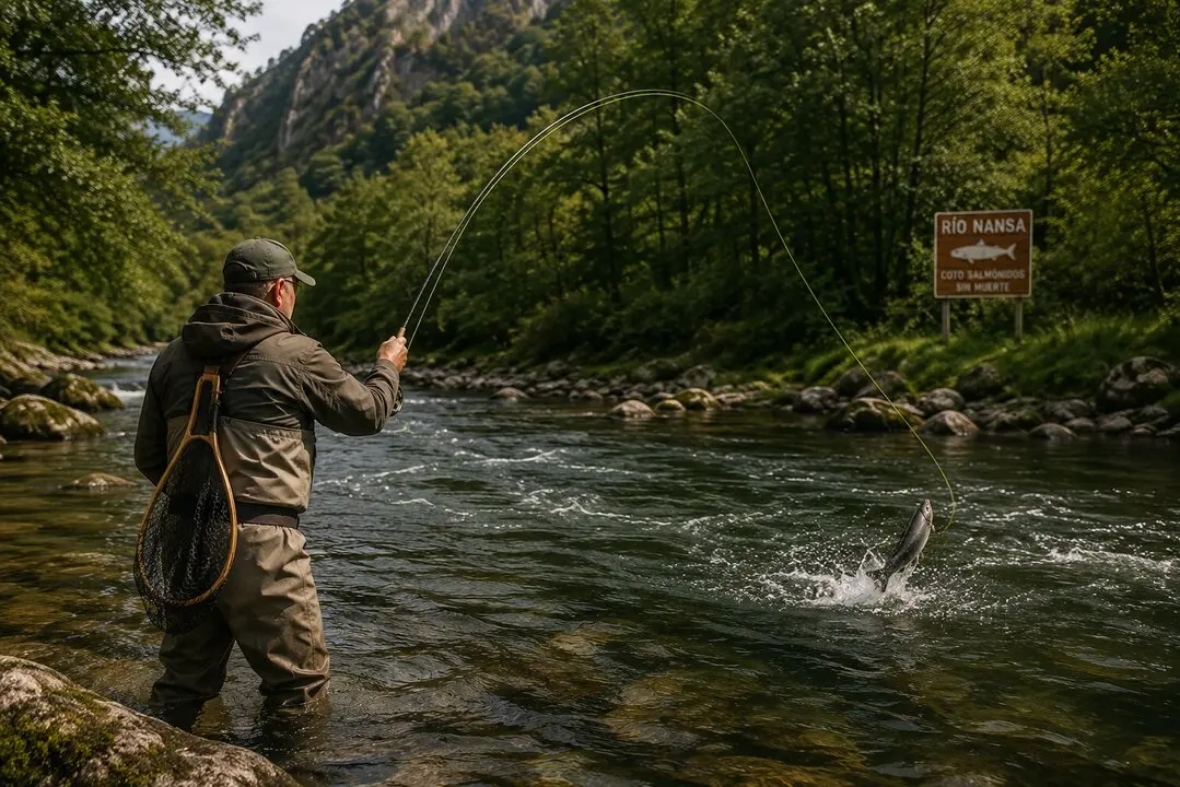 Un pescador trata de capturar salmones en el r&iacute;o Nansa, uno de los principales escenarios de la pesca fluvial en Cantabria, en una recreaci&oacute;n generada con inteligencia artificial.