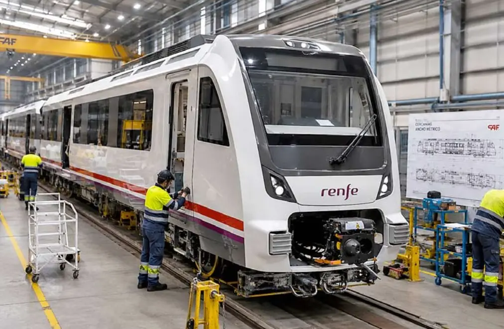 Recreaci&oacute;n generada mediante inteligencia artificial de uno de los nuevos trenes de Cercan&iacute;as de ancho m&eacute;trico encargados por Renfe para Cantabria y Asturias, cuya entrega sigue pendiente tras el error de dise&ntilde;o relacionado con el g&aacute;libo detectado en 2023.