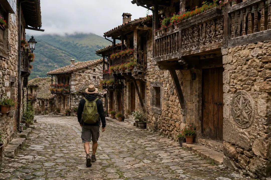 Un turista camina sobre empedrado del pueblo de B&aacute;rcena mayor en Cantabria.