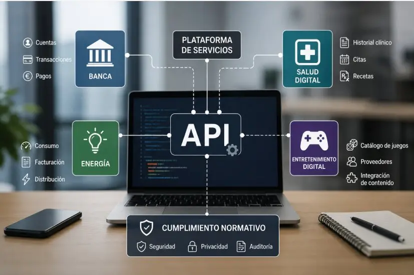 Ilustraci&oacute;n conceptual sobre el modelo API-first y la integraci&oacute;n de servicios digitales mediante interfaces de programaci&oacute;n en sectores regulados como banca, salud y entretenimiento online.