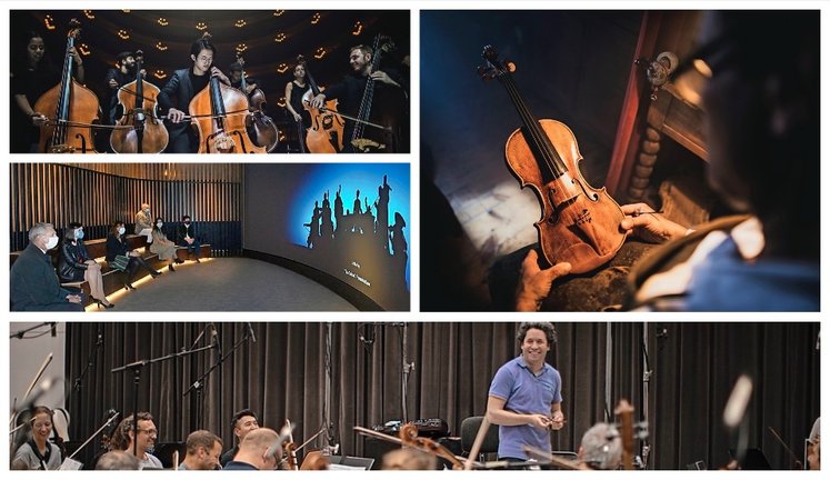 Arriba: fotograma de la cinta, la cual es «un viaje al corazón de la música» ; abajo: ensayos de ‘Symphony’ en el Gran Teatro Liceo de Barcelona con Gustavo Dudamel. / ALERTA