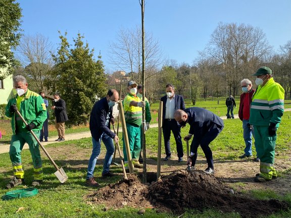 Plantación de un árbol en el parque Miravalles. / E. PRESS