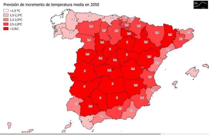 Mapa de España con la previsión de subida de temperaturas en 2050.