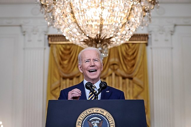 El presidente de Estados Unidos, Joe Biden, habla en conferencia de prensa en la Casa Blanca en Washington (EE.UU.), este 19 de enero de 2022. EFE/EPA/Oliver Contreras/Pool

