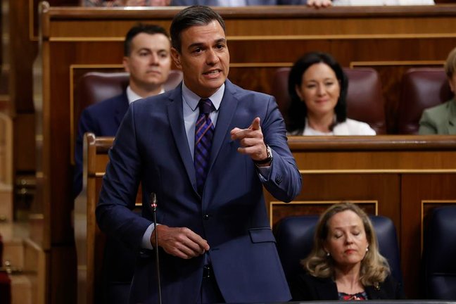 El jefe del Ejecutivo, Pedro Sánchez, interviene en la sesión de control al Gobierno celebrada este miércoles en el Congreso. EFE/Juan Carlos Hidalgo